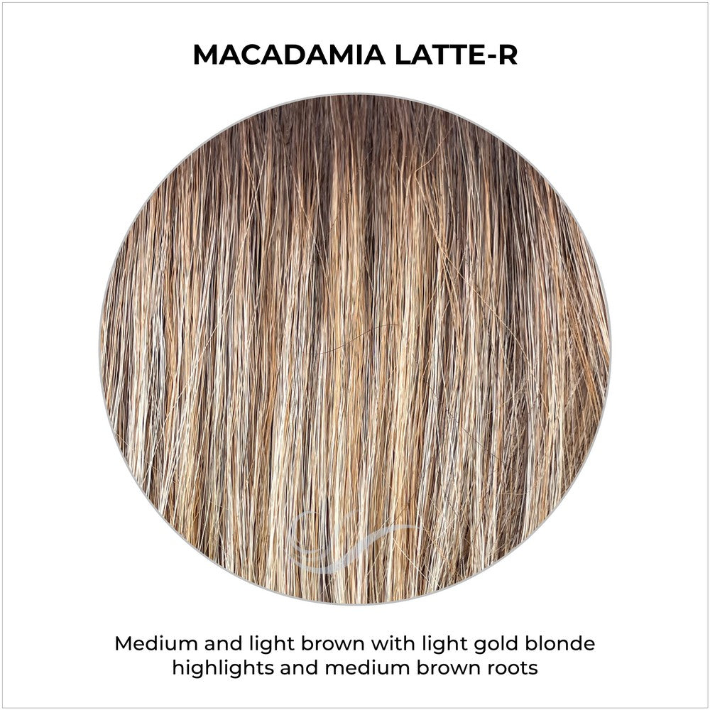 Macadamia Latte-R-Medium and light brown with light gold blonde highlights and medium brown roots