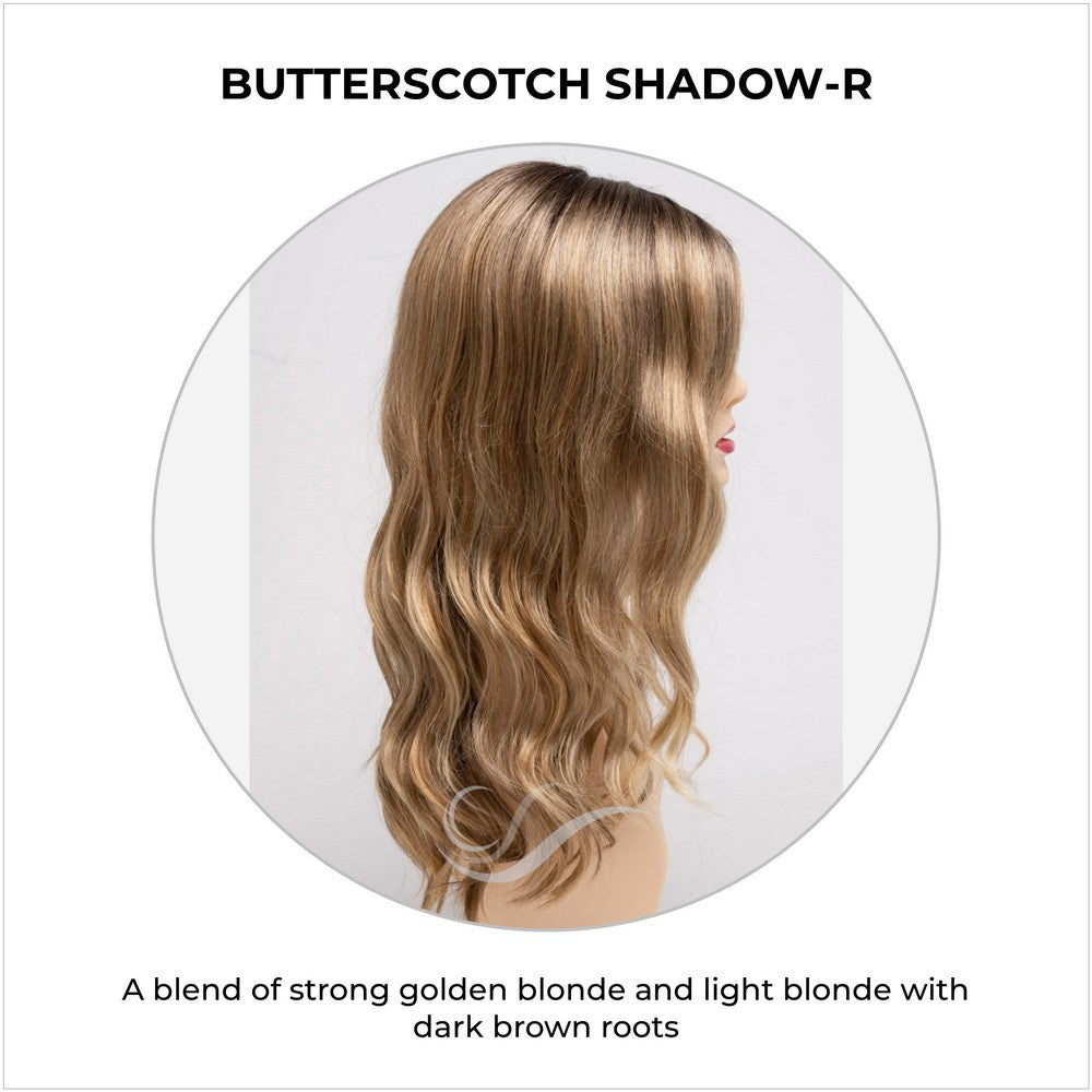 Maya wig by Envy in Butterscotch Shadow-R-A blend of strong golden blonde and light blonde with dark brown roots