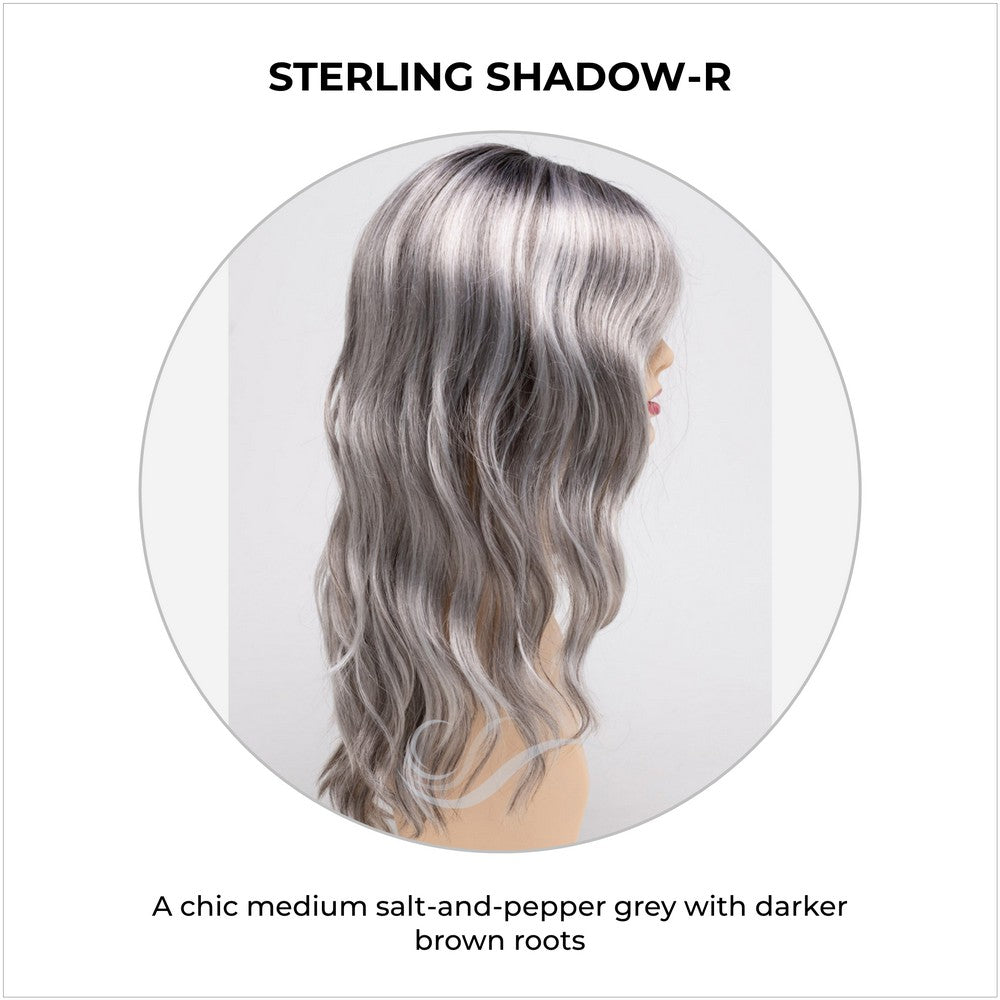 Maya wig by Envy in Sterling Shadow-R-A chic medium salt-and-pepper grey with darker brown roots