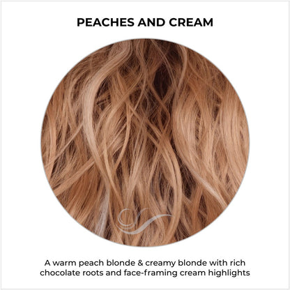 Peaches and Cream-A warm peach blonde & creamy blonde with rich chocolate roots and face-framing cream highlights