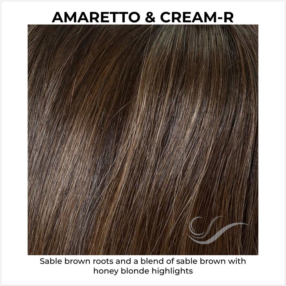 Amaretto & Cream-Sable brown roots and a blend of sable brown with honey blonde highlights