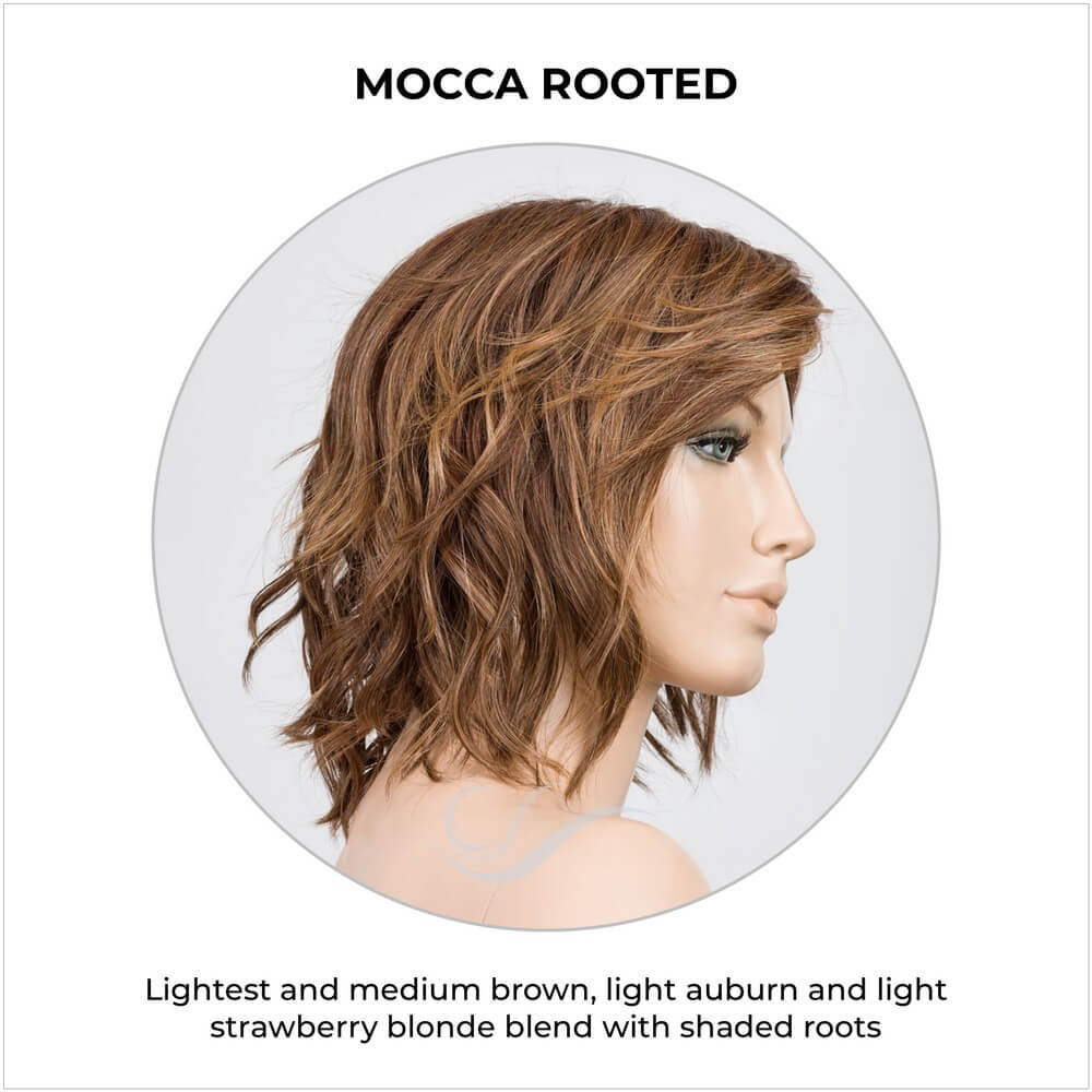 Anima by Ellen Wille in Mocca Rooted-Lightest and medium brown, light auburn and light strawberry blonde blend with shaded roots