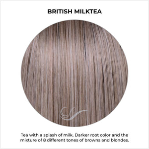 British Milktea-Tea with a splash of milk. Darker root color and the mixture of 8 different tones of browns and blondes.