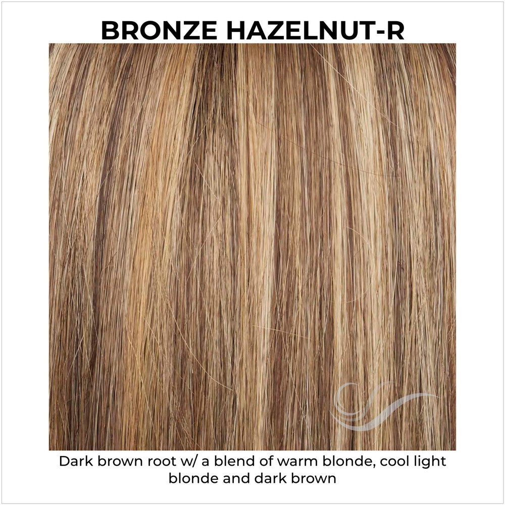 Bronze Hazelnut-R-Dark brown root w/ a blend of warm blonde, cool light blonde and dark brown
