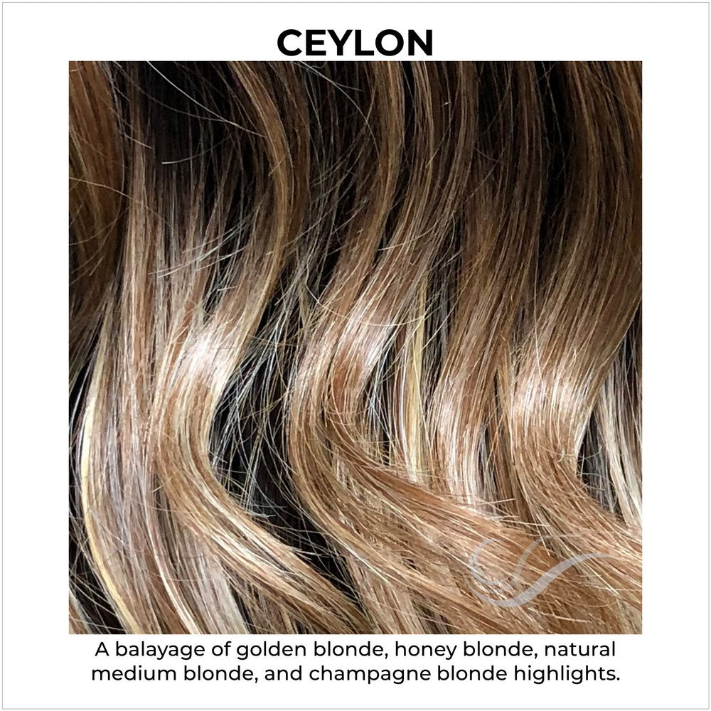 Ceylon-A balayage of golden blonde, honey blonde, natural medium blonde, and champagne blonde highlights.