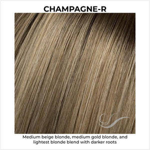 Champagne-R-Medium beige blonde, medium gold blonde, and lightest blonde blend with darker roots