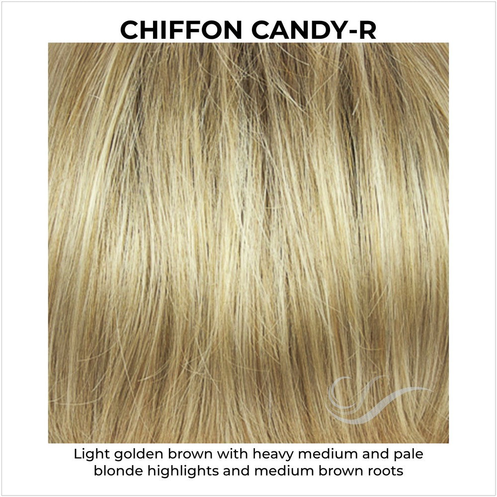 Chiffon Candy-Rooted-Light golden brown with heavy medium and pale blonde highlights and medium brown roots