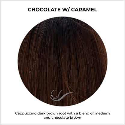 Chocolate with Caramel-Cappuccino dark brown root with a blend of medium and chocolate brown