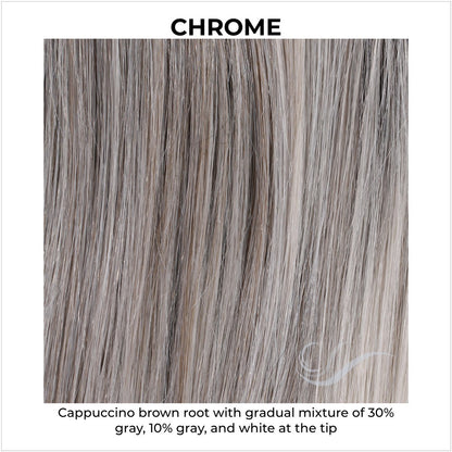 Chrome-Cappuccino brown root with gradual mixture of 30% gray, 10% gray, and white at the tip