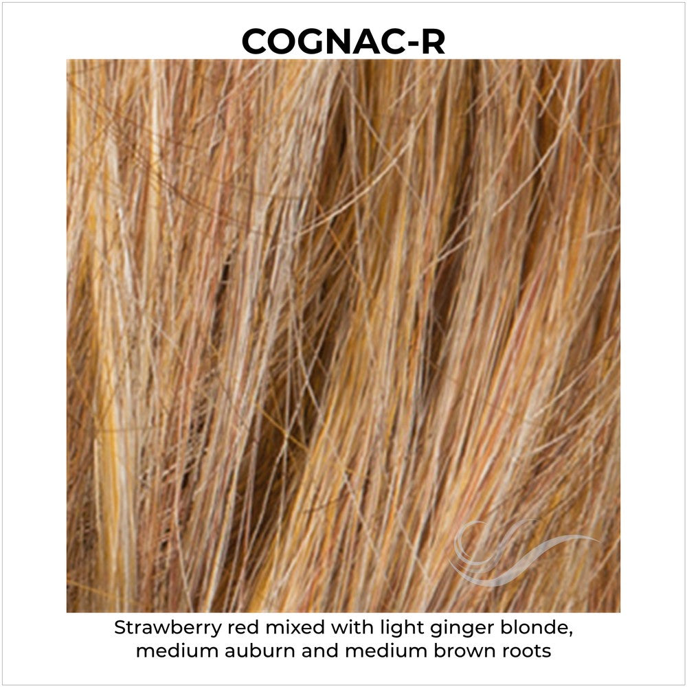 Cognac-R-Strawberry red mixed with light ginger blonde, medium auburn and medium brown roots