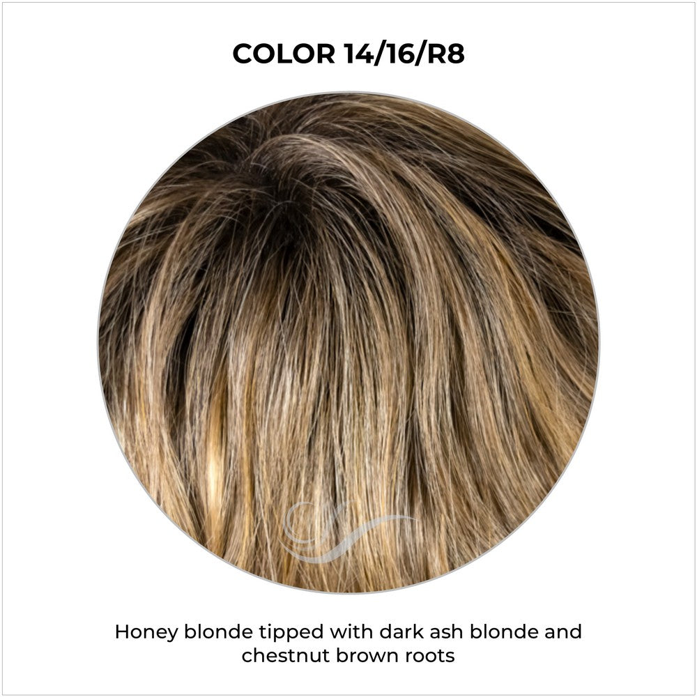 COLOR 14/16/R8-Honey blonde tipped with dark ash blonde and chestnut brown roots