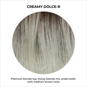Creamy Dolce-R-Platinum blonde top, honey blonde mix underneath, with medium brown roots
