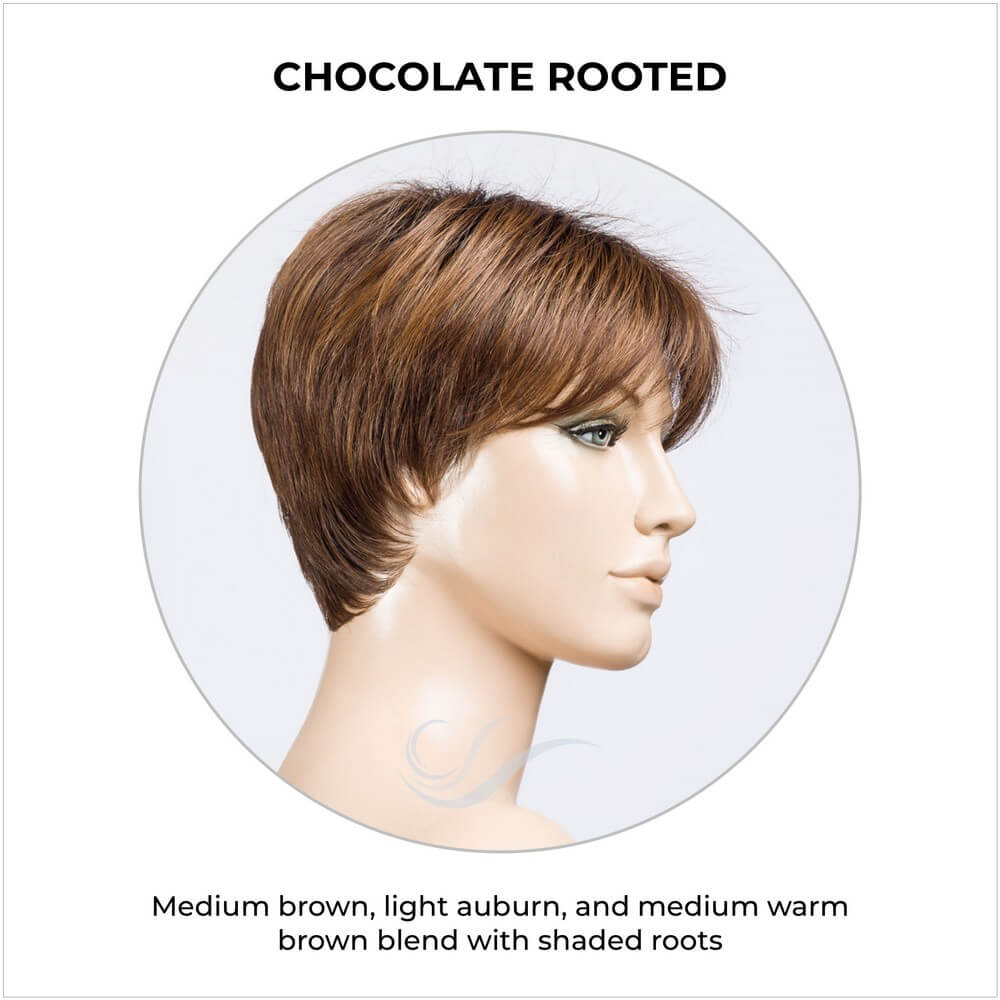 Elan by Ellen Wille in Chocolate Rooted-Medium brown, light auburn, and medium warm brown blend with shaded roots
