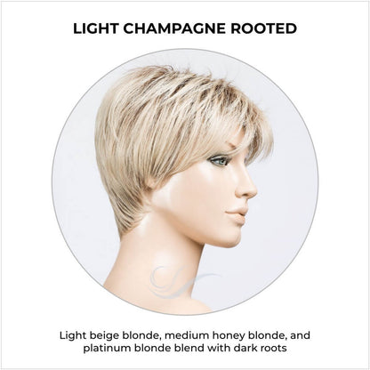 Elan by Ellen Wille in Light Champagne Rooted-Light beige blonde, medium honey blonde, and platinum blonde blend with dark roots