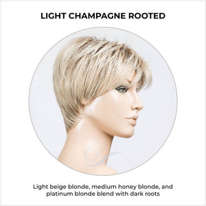 Elan by Ellen Wille in Light Champagne Rooted-Light beige blonde, medium honey blonde, and platinum blonde blend with dark roots