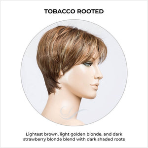 Elan by Ellen Wille in Tobacco Rooted-Lightest brown, light golden blonde, and dark strawberry blonde blend with dark shaded roots
