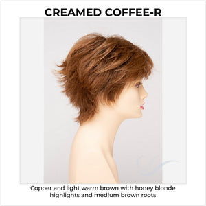 Flame By Envy in Creamed Coffee-R-Copper and light warm brown with honey blonde highlights and medium brown roots