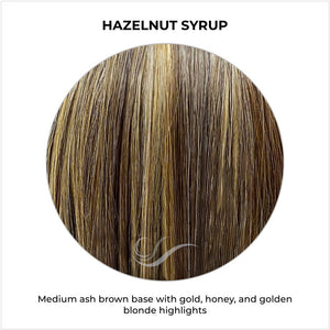 Hazelnut Syrup-Medium ash brown base with gold, honey, and golden blonde highlights