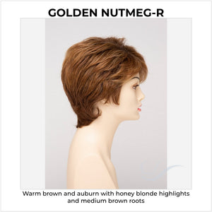 Heather By Envy in Golden Nutmeg-R-Warm brown and auburn with honey blonde highlights and medium brown roots