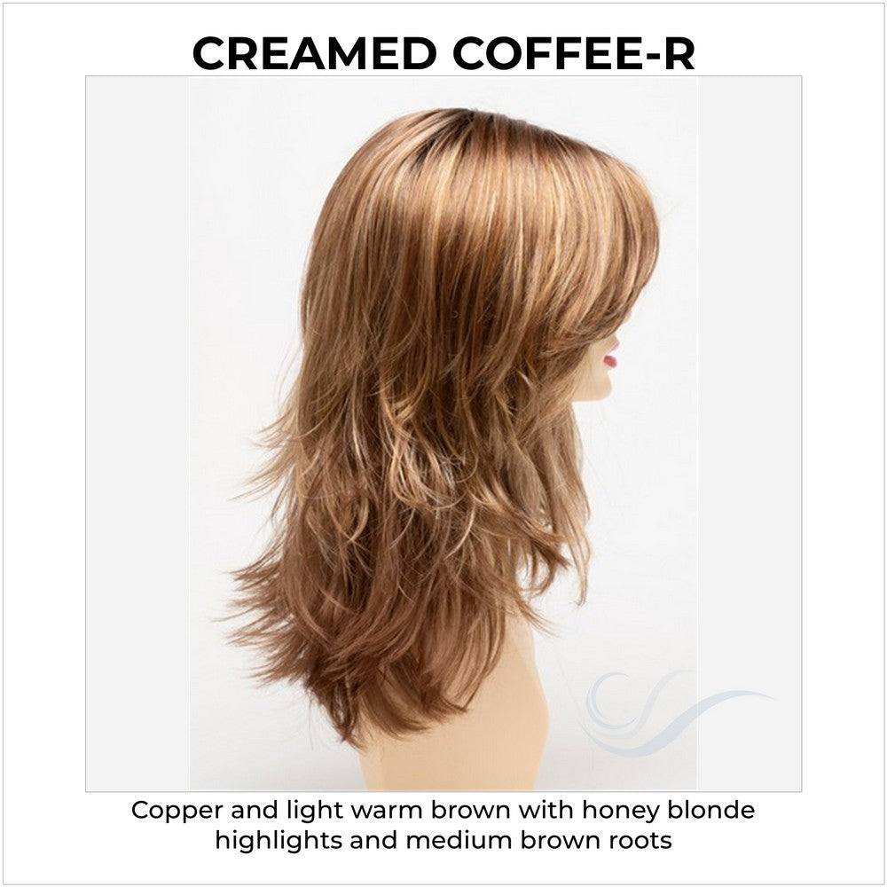 Joy by Envy in Creamed Coffee-R-Copper and light warm brown with honey blonde highlights and medium brown roots