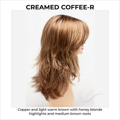 Joy by Envy in Creamed Coffee-R-Copper and light warm brown with honey blonde highlights and medium brown roots