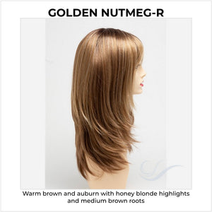 Kate by Envy in Golden Nutmeg-R-Warm brown and auburn with honey blonde highlights and medium brown roots