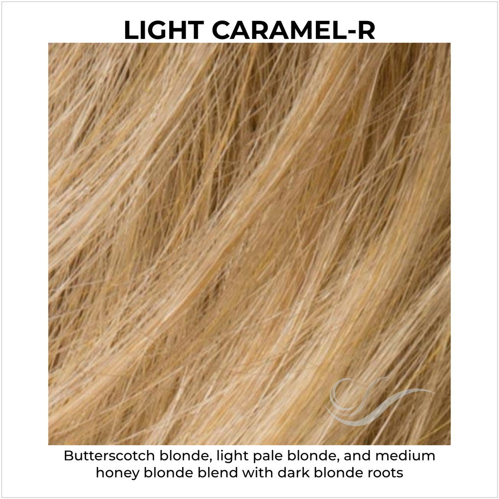 Light Caramel-R-Butterscotch blonde, light pale blonde, and medium honey blonde blend with dark blonde roots