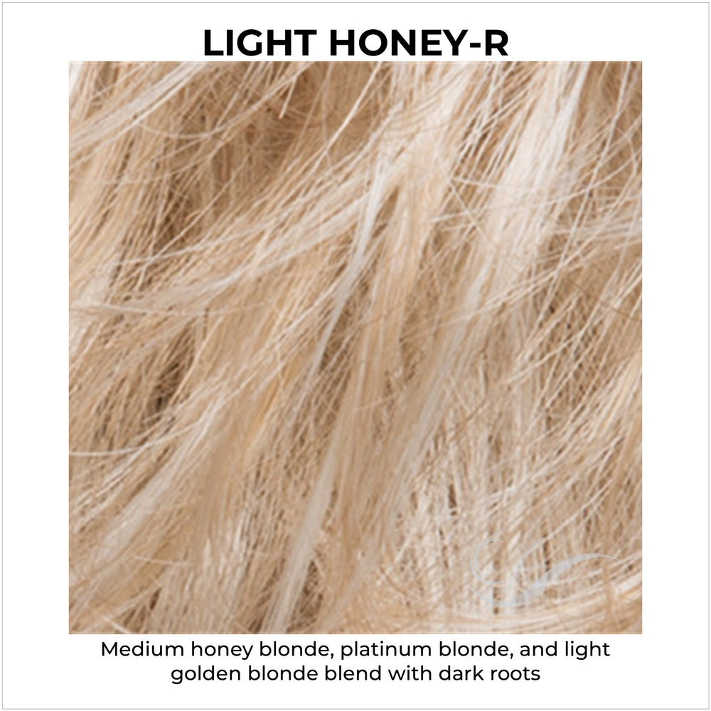 Light Honey-R-Medium honey blonde, platinum blonde, and light golden blonde blend with dark roots