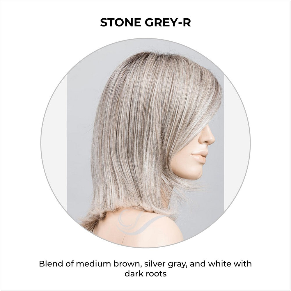 Melody by Ellen Wille in Stone Grey-R-Blend of medium brown, silver gray, and white with dark roots