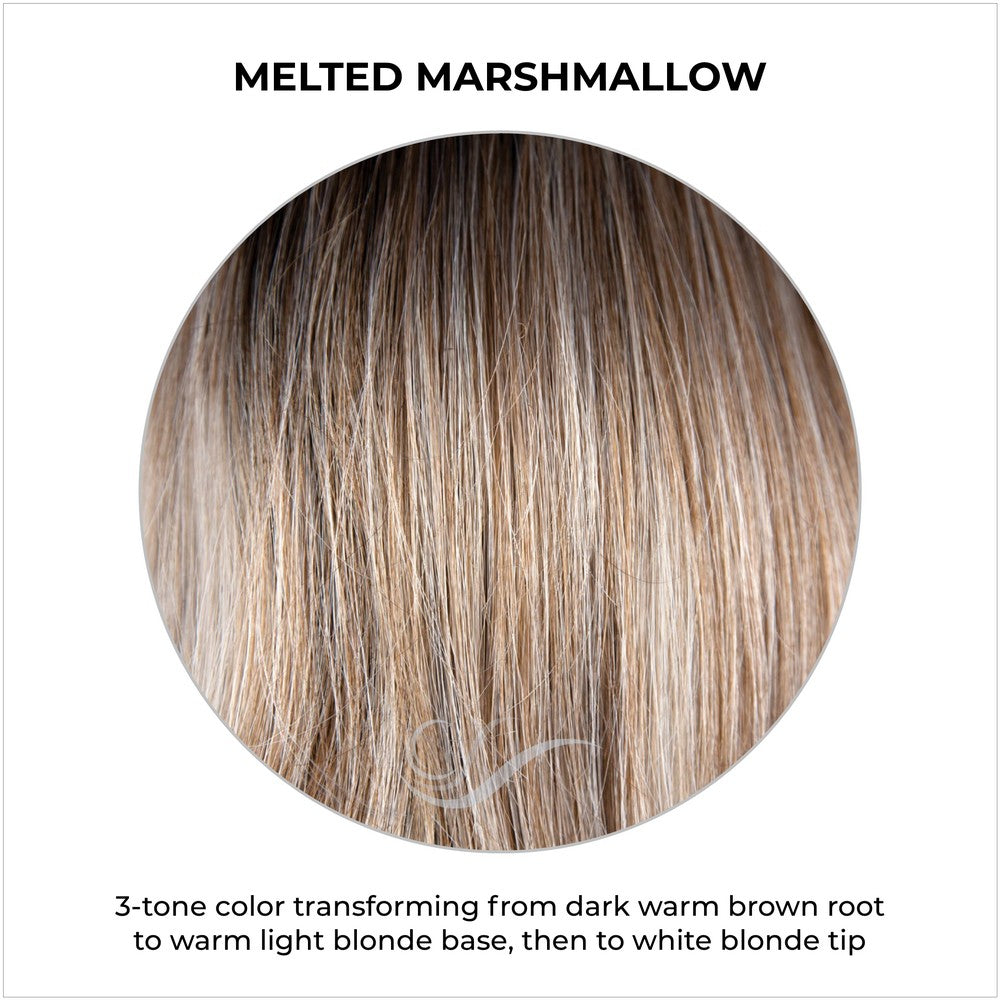 Melted Marshmallow-3-tone color transforming from dark warm brown root to warm light blonde base, then to white blonde tip 