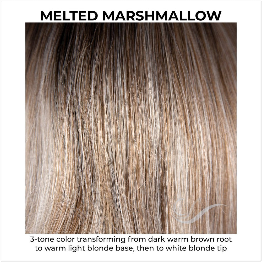 Melted Marshmallow-3-tone color transforming from dark warm brown root to warm light blonde base, then to white blonde tip 