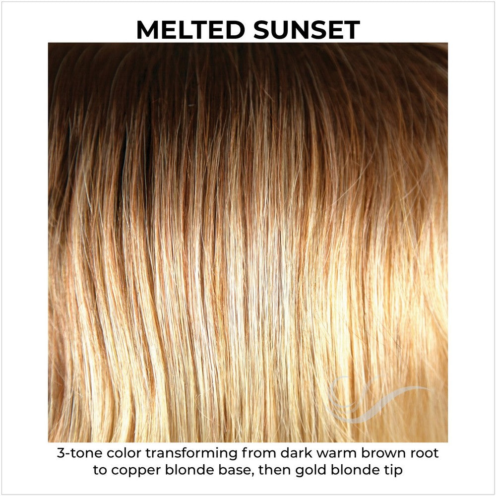 Melted Sunset-3-tone color transforming from dark warm brown root to copper blonde base, then gold blonde tip