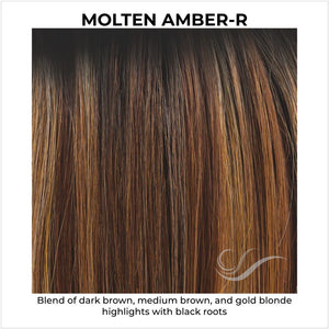 Molten Amber-R-Blend of dark brown, medium brown, and gold blonde highlights with black roots