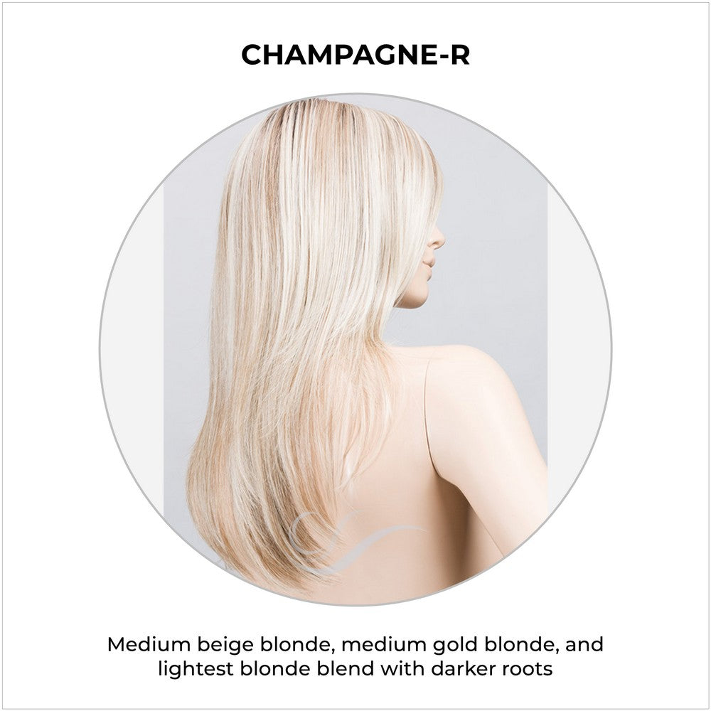 Music by Ellen Wille in Champagne-R-Medium beige blonde, medium gold blonde, and lightest blonde blend with darker roots