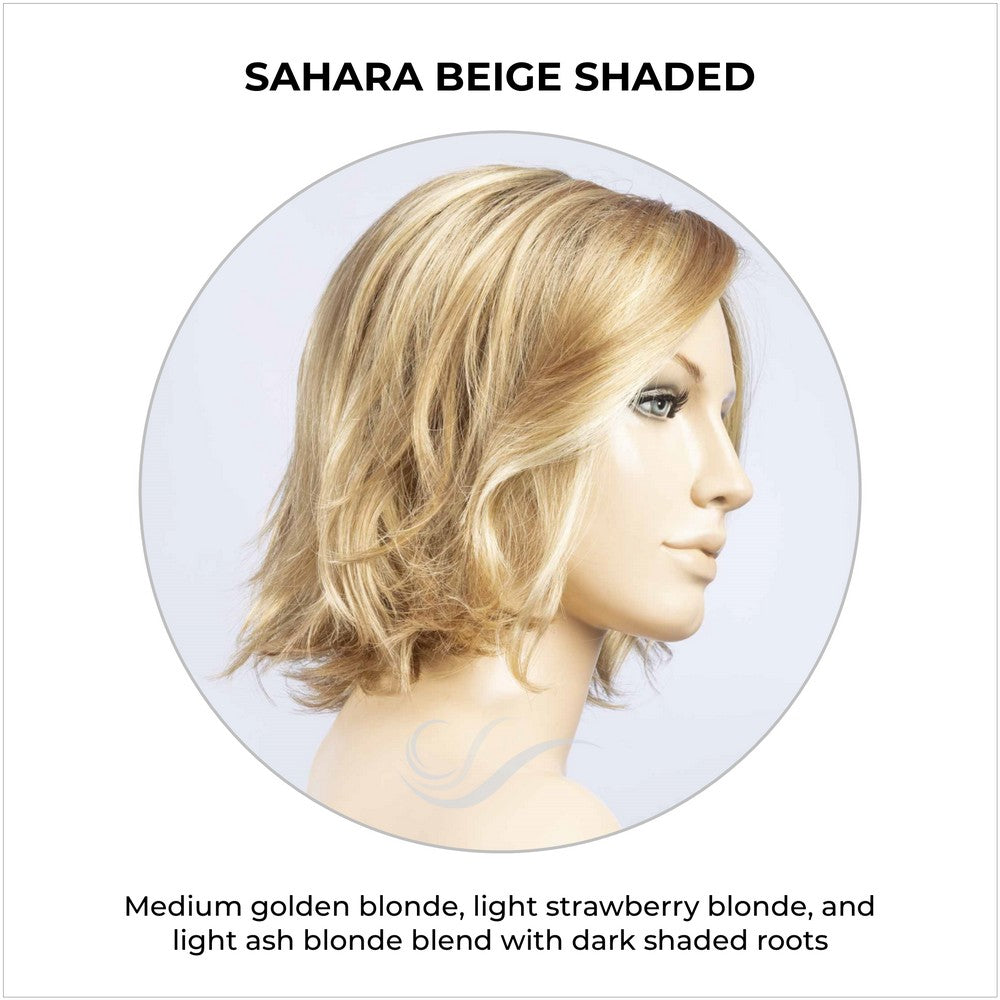 Nola by Ellen Wille in Sahara Beige Shaded-Medium golden blonde, light strawberry blonde, and light ash blonde blend with dark shaded roots