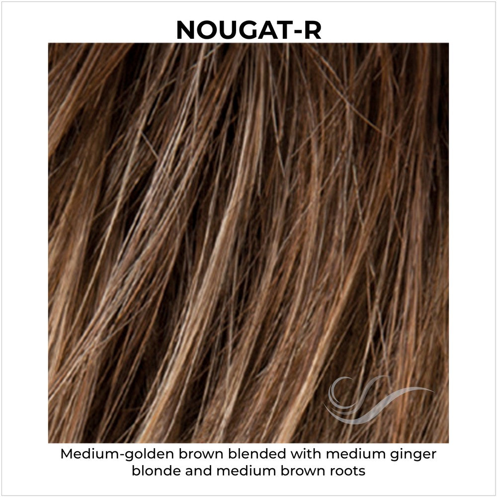 Nougat-R-Medium-golden brown blended with medium ginger blonde and medium brown roots