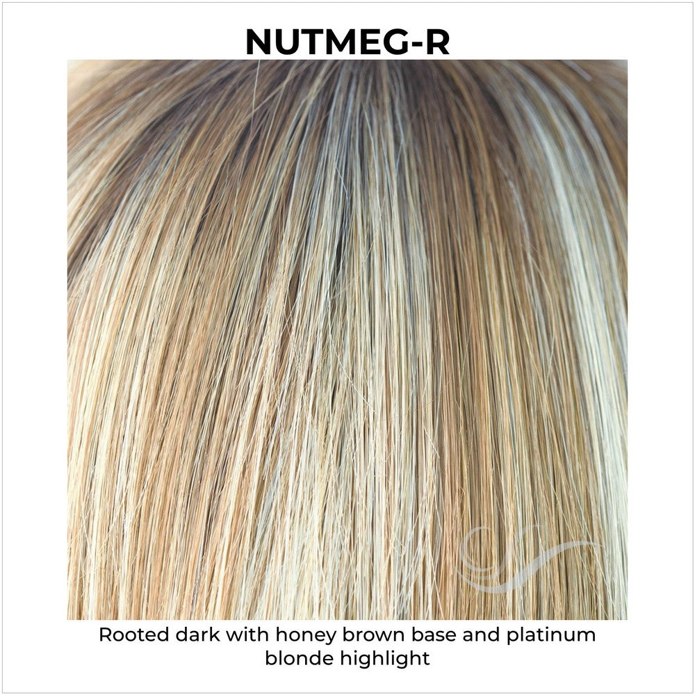 Nutmeg-R-Rooted dark with honey brown base and platinum blonde highlight