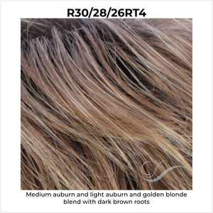 R30/28/26RT4-Medium auburn and light auburn and golden blonde blend with dark brown roots