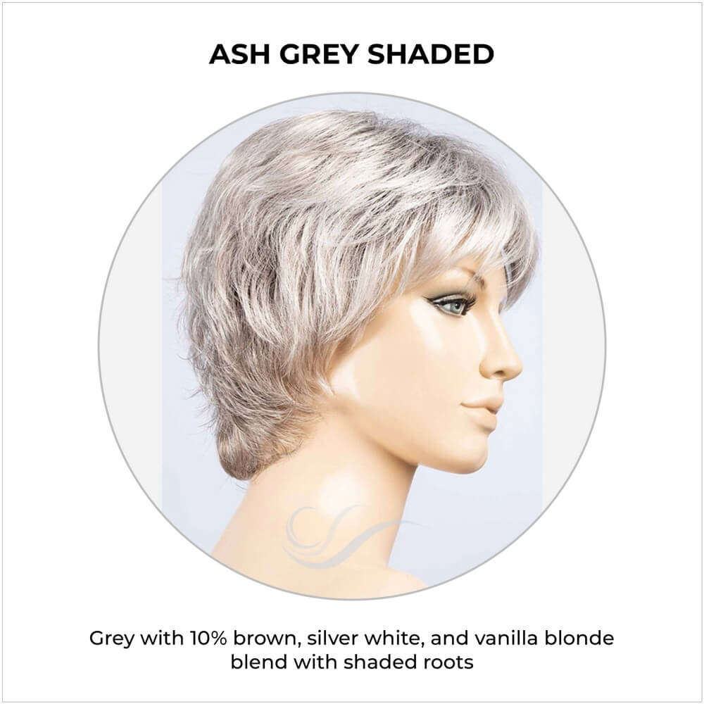 Rica by Ellen Wille in Ash Grey Shaded-Grey with 10% brown, silver white, and vanilla blonde blend with shaded roots