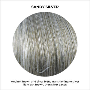 Sandy Silver-Medium brown and silver blend transitioning to silver light ash brown, then silver bangs