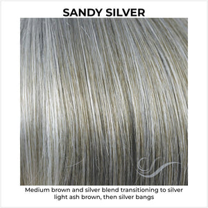 Sandy Silver-Medium brown and silver blend transitioning to silver light ash brown, then silver bangs