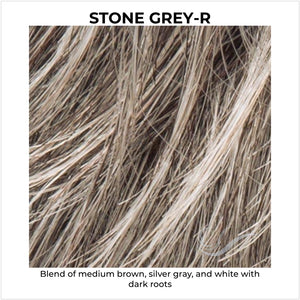 Stone Grey-R-Blend of medium brown, silver gray, and white with dark roots