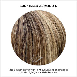 Sunkissed Almond-R-Medium ash brown with light auburn and champagne blonde highlights and darker roots