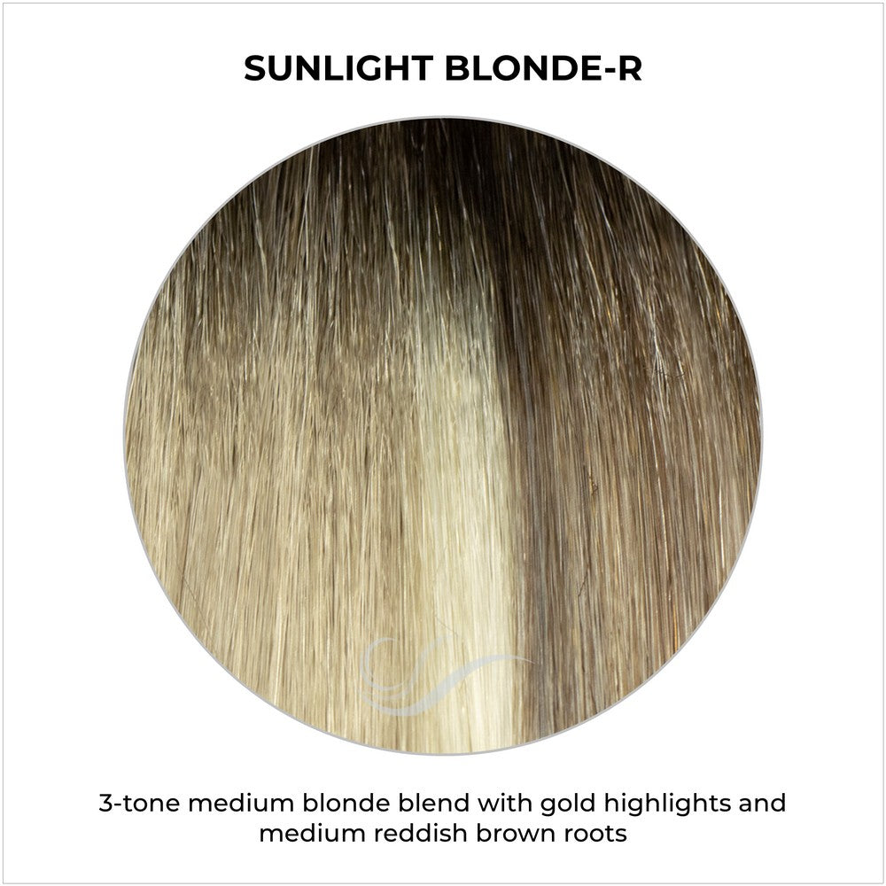 Sunlight Blonde-R-3-tone medium blonde blend with gold highlights and medium reddish brown roots
