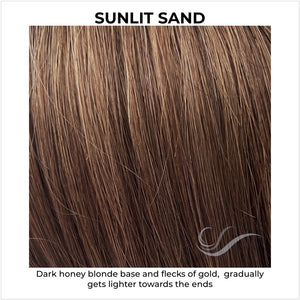 Sunlit Sand-Dark honey blonde base and flecks of gold,  gradually gets lighter towards the ends