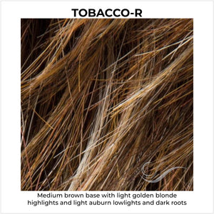 Tobacco-R-Medium brown base with light golden blonde highlights and light auburn lowlights and dark roots