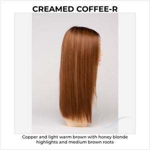 Veronica By Envy in Creamed Coffee-R-Copper and light warm brown with honey blonde highlights and medium brown roots