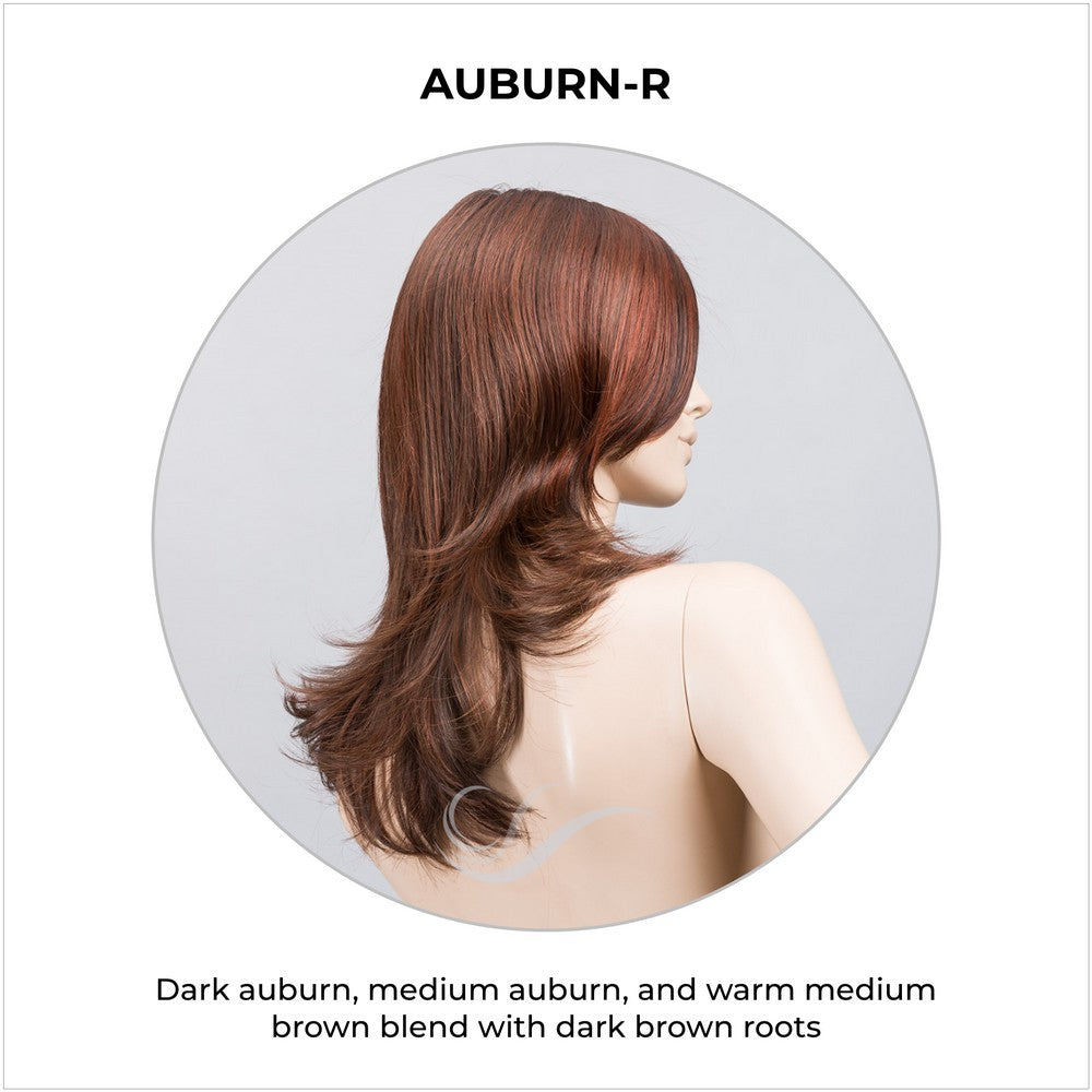 Voice wig by Ellen Wille in Auburn-R-Dark auburn, medium auburn, and warm medium brown blend with dark brown roots