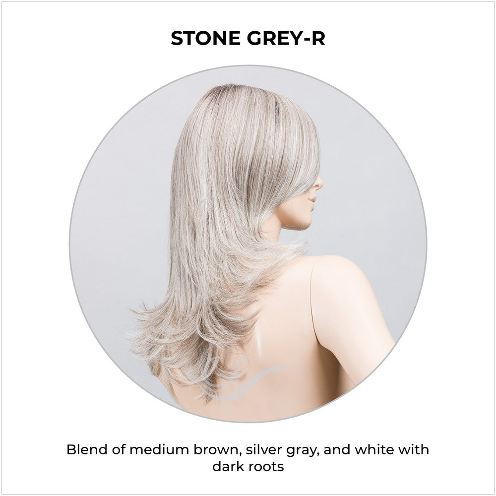 Voice wig by Ellen Wille in Stone Grey-R-Blend of medium brown, silver gray, and white with dark roots