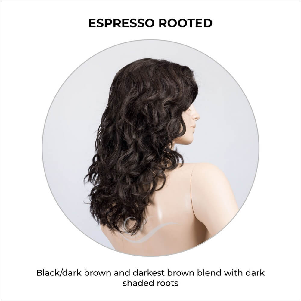 Wanted in Espresso Rooted-Black/dark brown and darkest brown blend with dark shaded roots